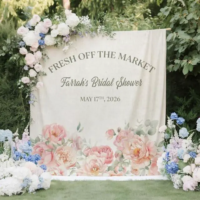 Alt view image 2 of 7 - Personalized Fresh Off the Market Bridal Shower Backdrop Linen Fabric, Custom Name Floral Wedding Banner, Elegant Bridal Shower Decorations Photo Booth Background