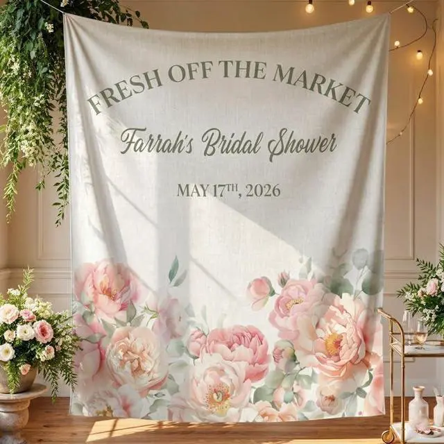 Alt view image 3 of 7 - Personalized Fresh Off the Market Bridal Shower Backdrop Linen Fabric, Custom Name Floral Wedding Banner, Elegant Bridal Shower Decorations Photo Booth Background