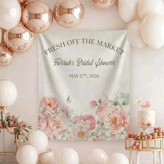Alt view image 4 of 7 - Personalized Fresh Off the Market Bridal Shower Backdrop Linen Fabric, Custom Name Floral Wedding Banner, Elegant Bridal Shower Decorations Photo Booth Background