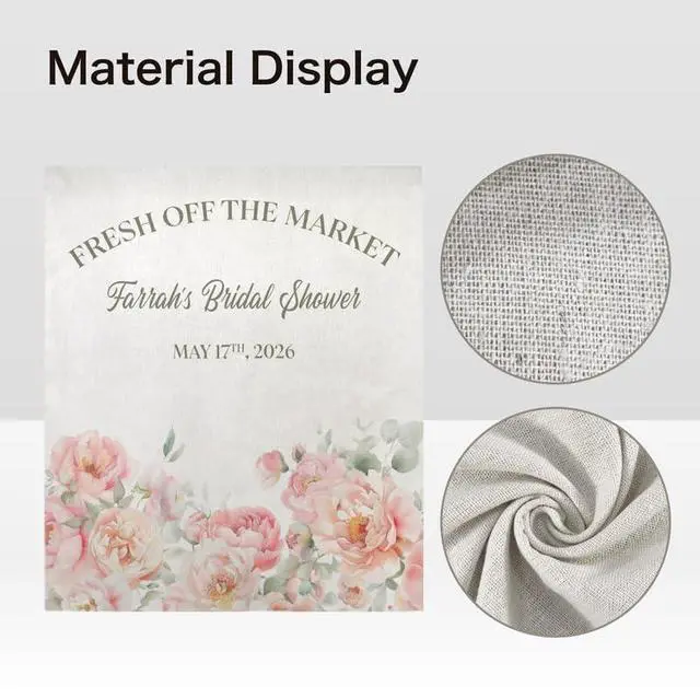 Alt view image 5 of 7 - Personalized Fresh Off the Market Bridal Shower Backdrop Linen Fabric, Custom Name Floral Wedding Banner, Elegant Bridal Shower Decorations Photo Booth Background