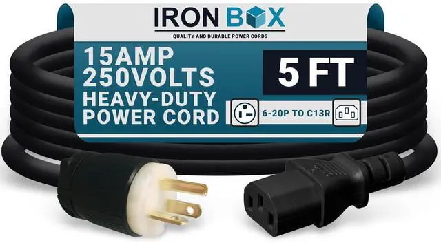 Main image of IronBox Electric - NEMA 6-20P Plug to IEC C13 Power Cord - 15A/250V, 14/3 AWG - UL Listed Heavy Duty Power Cord - Replacement Cords for Monitor, Computer, Printer, Audio Speaker & More (5ft, Build)