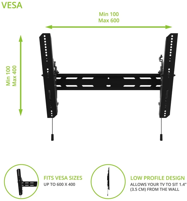 Alt view image 2 of 7 - PT300 Low Profile Tilting TV Mount for Most 40"-100" TVs - Supports TVs up to 150lbs - Sits 1.4 from the wall - Accommodates up to 24 Stud spacing - Max VESA 600x400