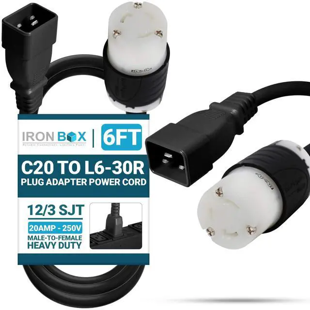 Main image of IronBox Electric IEC C20 to L6-30R Plug Adapter Power Cord - 20A, 250V, 12/3 SJT - UL Listed Power Supply - Heavy Duty Extension Cable for Data Centers, PDUs, Generator, Amplifier & More (6ft, Build)