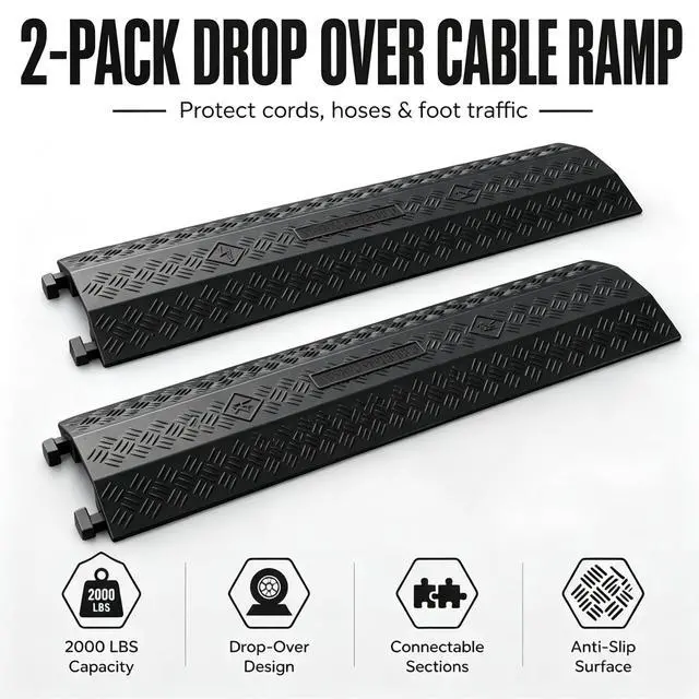 Alt view image 3 of 7 - 2-Pack Black 40" Cable Ramp 1-Channel | Heavy Duty Cord Ramp 2000 lbs Capacity, Black Drop Over Hose & Cord Protector for Indoor Outdoor High Traffic Areas