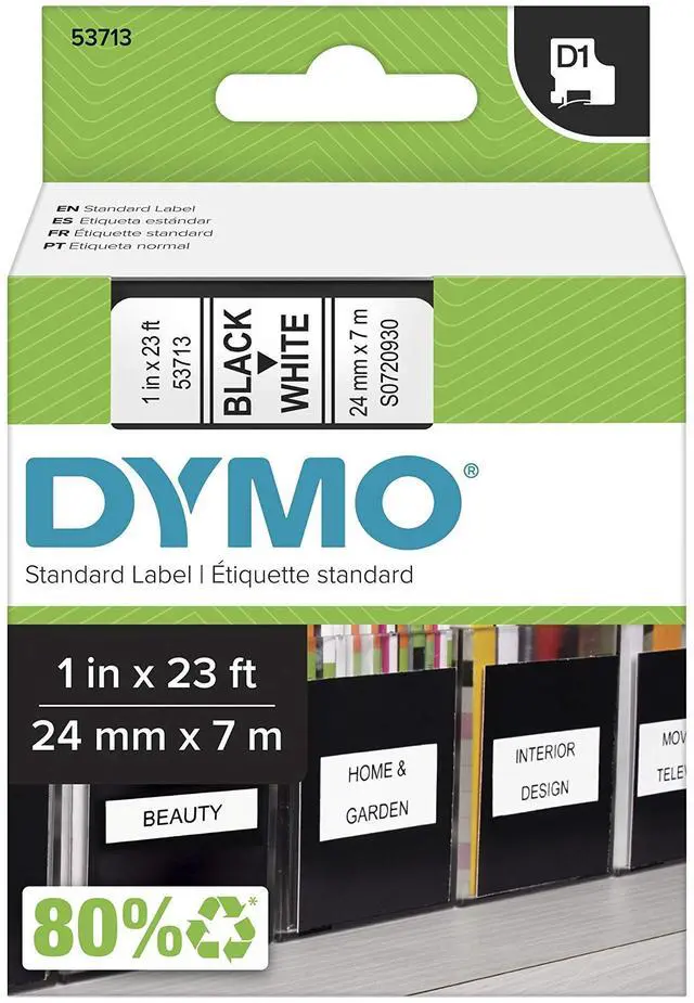 Main image of Authentic Standard D1 53713 Labeling Tape (Black Print on White Tape, 1'' W x 23' L, 1 Cartridge), Package May Vary