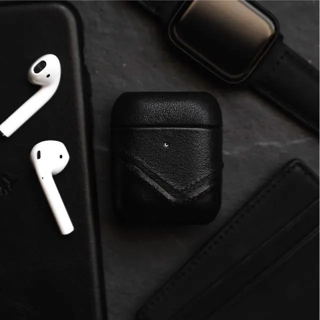 Alt view image 4 of 6 - Premium Leather Case Compatible with Apple AirPods 1 & 2, Wireless Charging, Two-Piece Design, Black Edition