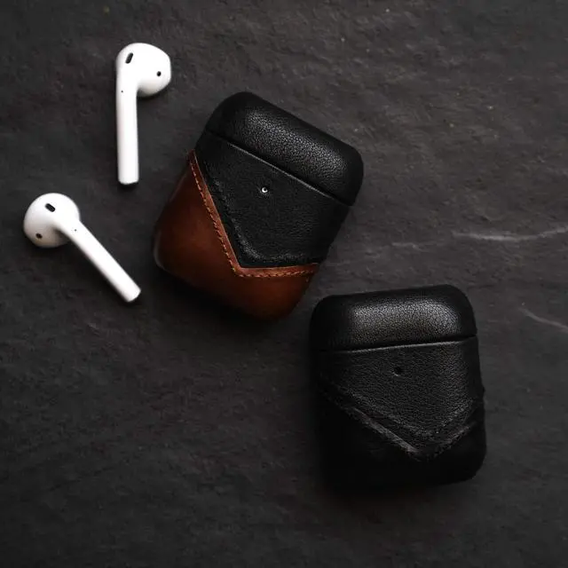 Alt view image 6 of 6 - Premium Leather Case Compatible with Apple AirPods 1 & 2, Wireless Charging, Two-Piece Design, Black Edition