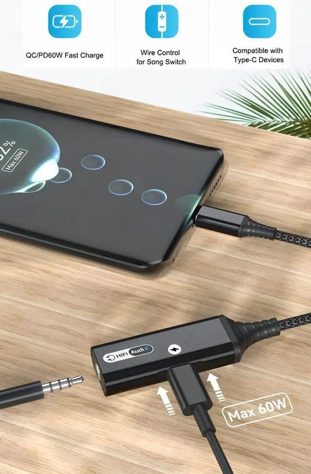Alt view image 2 of 7 - USB-C to 3.5mm Headphone LED 60W Charging 3.0 Adapter Compatible with Apple iPad Pro 13 (2024) Dongle Dual PD to Aux Audio Jack Fast Hi-Speed Certified