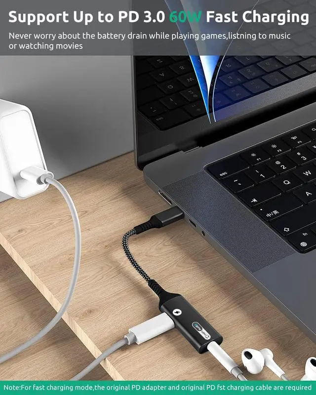 Alt view image 3 of 7 - USB-C to 3.5mm Headphone LED 60W Charging 3.0 Adapter Compatible with Apple iPad Pro 13 (2024) Dongle Dual PD to Aux Audio Jack Fast Hi-Speed Certified