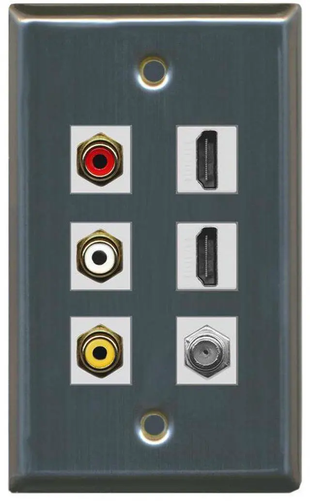 Main image of 3 x RCA - 2 X HDMI and 1 x Coax Cable TV Port Wall Plate - Stainless Steel