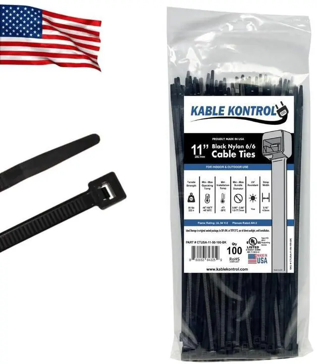 Main image of Made in USA Cable Ties, 11 Inch 100 Pcs, 50 Lbs Test Black | Self-locking Zip Ties UV Resistant Plastic Nylon Wire Ties, for Indoor or Outdoor Use