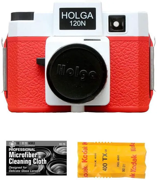 Main image of Holga 120N Medium Format Film Camera (Red/White) with Kodak TX 120 Film Bundle and Microfiber Cloth