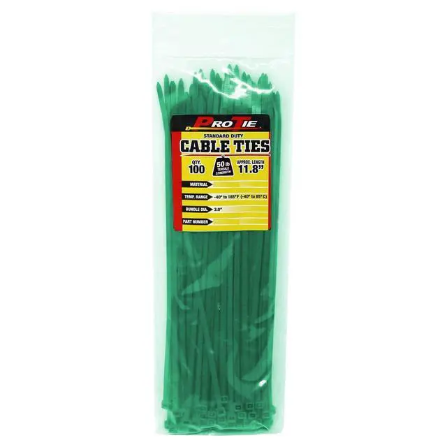 Alt view image 2 of 5 - Pro Tie Standard Duty, Self-Locking Nylon Cable Wire Ties for Indoor and Outdoor Use | 11.8-Inch, 50 lbs. Tensile Strength, Green Nylon, 100-Pack (PN: GR11SD100)
