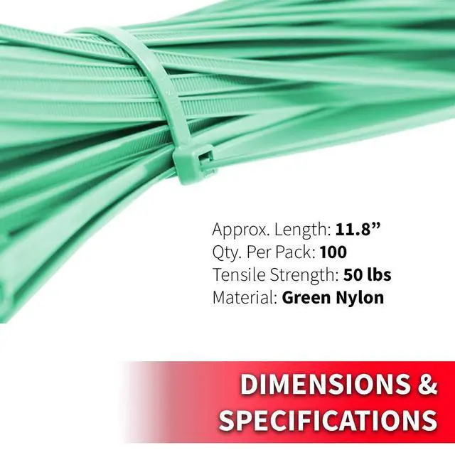 Alt view image 5 of 5 - Pro Tie Standard Duty, Self-Locking Nylon Cable Wire Ties for Indoor and Outdoor Use | 11.8-Inch, 50 lbs. Tensile Strength, Green Nylon, 100-Pack (PN: GR11SD100)