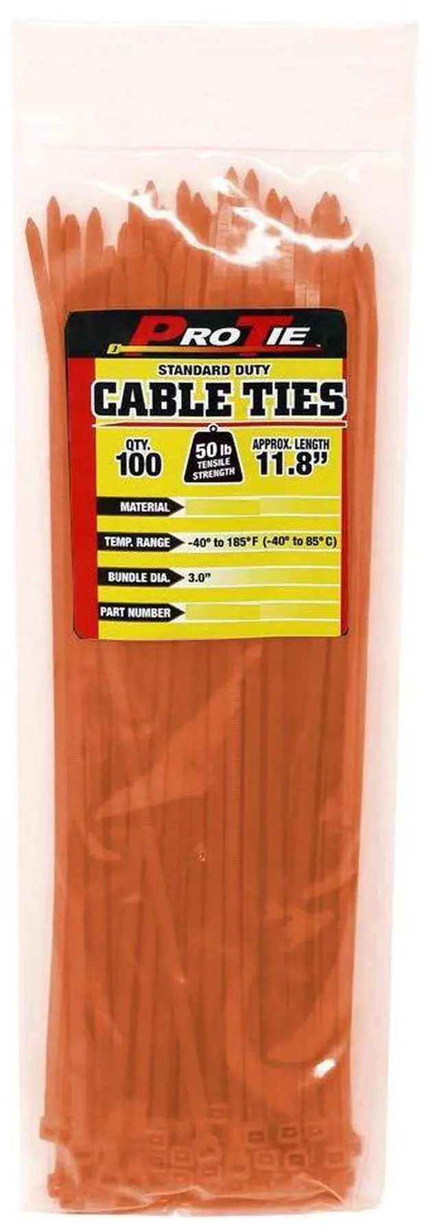 Alt view image 2 of 5 - Pro Tie Standard Duty, Self-Locking Nylon Cable Wire Ties for Indoor and Outdoor Use | 11.8-Inch, 50 lbs. Tensile Strength, Orange Nylon, 100-Pack (PN: OR11SD100)