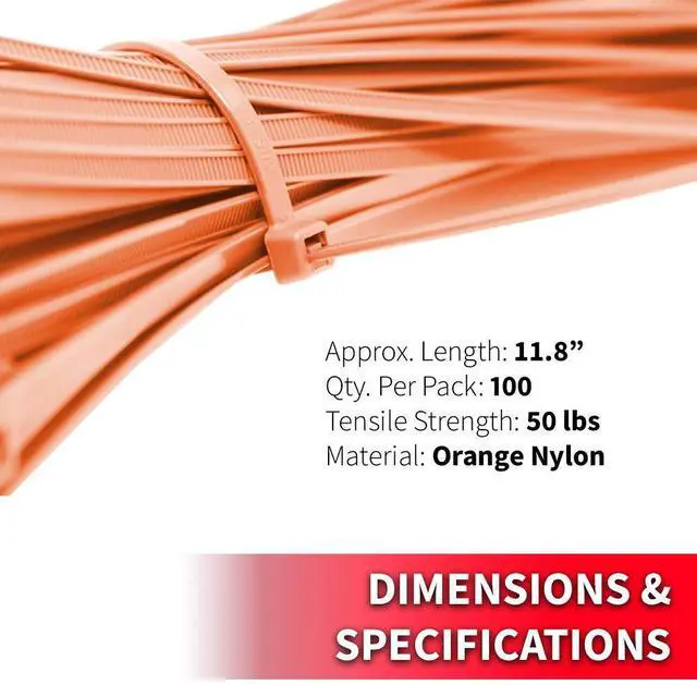 Alt view image 5 of 5 - Pro Tie Standard Duty, Self-Locking Nylon Cable Wire Ties for Indoor and Outdoor Use | 11.8-Inch, 50 lbs. Tensile Strength, Orange Nylon, 100-Pack (PN: OR11SD100)