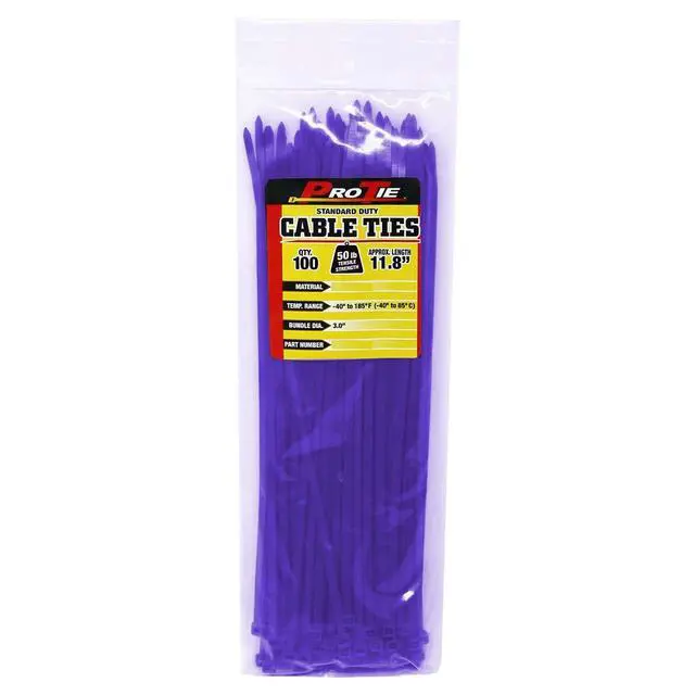 Alt view image 2 of 5 - Pro Tie Standard Duty, Self-Locking Nylon Cable Wire Ties for Indoor and Outdoor Use | 11.8-Inch, 50 lbs. Tensile Strength, Purple Nylon, 100-Pack (PN: PR11SD100)