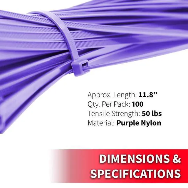 Alt view image 5 of 5 - Pro Tie Standard Duty, Self-Locking Nylon Cable Wire Ties for Indoor and Outdoor Use | 11.8-Inch, 50 lbs. Tensile Strength, Purple Nylon, 100-Pack (PN: PR11SD100)