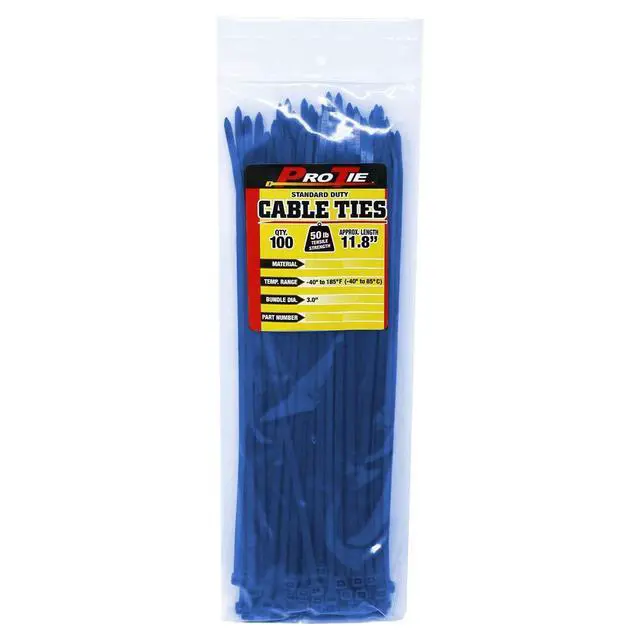 Alt view image 2 of 5 - Pro Tie Standard Duty, Self-Locking Nylon Cable Wire Ties for Indoor and Outdoor Use |11.8-Inch, 50 lbs. Tensile Strength, Blue Nylon, 100-Pack (PN: BL11SD100)