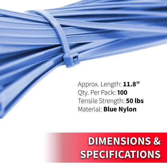Alt view image 5 of 5 - Pro Tie Standard Duty, Self-Locking Nylon Cable Wire Ties for Indoor and Outdoor Use |11.8-Inch, 50 lbs. Tensile Strength, Blue Nylon, 100-Pack (PN: BL11SD100)