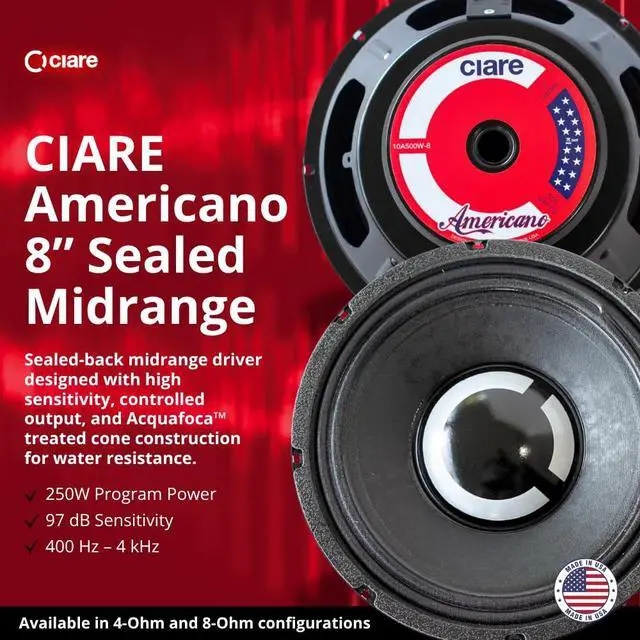 Alt view image 2 of 7 - Americano 8A250MS-4, 8 Sealed-Back Midrange Speaker 4 Ohm, 250W Car Audio Driver for Space-Limited Installs, 1.5 Copper Voice Coil, Water & UV Resistant Cone, High SPL Performance, USA Made