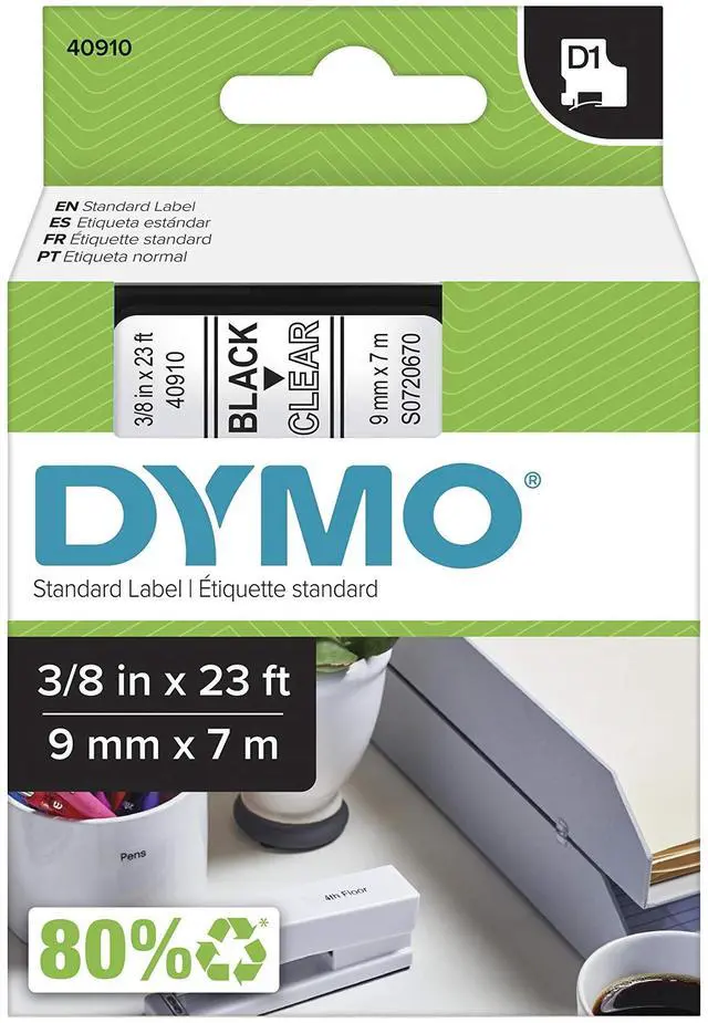 Main image of Standard D1 40910 Labeling Tape (Black Print on Clear Tape, 3/8'' W x 23' L, 1 Cartridge), Authentic