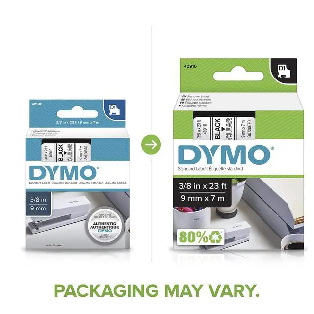 Alt view image 3 of 7 - Standard D1 40910 Labeling Tape (Black Print on Clear Tape, 3/8'' W x 23' L, 1 Cartridge), Authentic