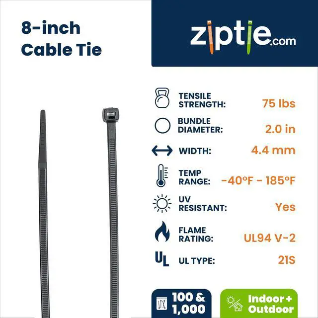 Alt view image 2 of 7 - 8-Inch Black Nylon Multi-Purpose Zip Ties - 75-lb Tensile Strength Cord Management - UL 21S Listed Tie Wraps - UV Resistant, Indoor & Outdoor Multi-Purpose (1000-Pack)