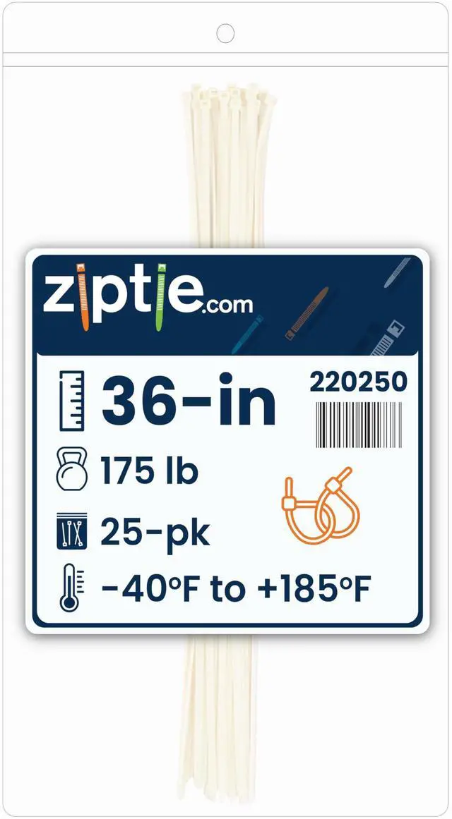 Main image of 36-inch Natural Multi-Purpose Cable Tie, 175-lb Tensile Strength, UL 21S Listed, 25-Pack