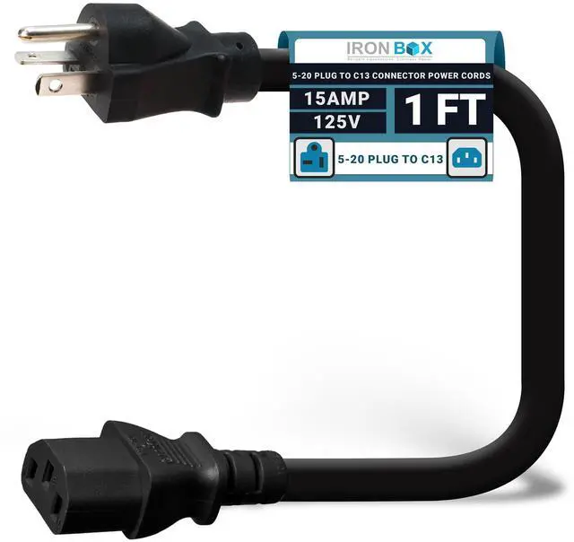 Main image of IronBox Electric NEMA 5-20 Plug to C13 Connector Power Cords, 15A, 125V, 14/3 SJT Jacket - Power Supply Replacement Cable - UL Listed Heavy Duty Cord for Computer, PDU, Monitor & More (1Ft, Molded)