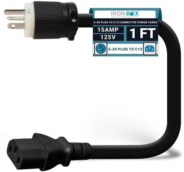 Main image of IronBox Electric NEMA 5-20 Plug to C13 Connector Power Cords, 15A, 125V, 14/3 SJT Jacket - Power Supply Replacement Cable - UL Listed Heavy Duty Cord for Computer, PDU, Monitor & More (1Ft, Build)