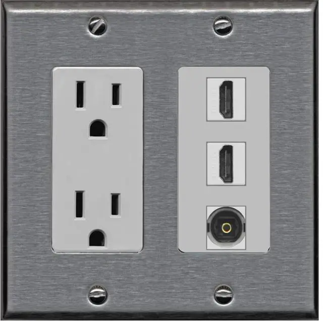 Main image of 15 Amp Power Outlet 2 Port HDMI 1 Port Toslink Decorative Wall Plate - Stainless Steel/Gray
