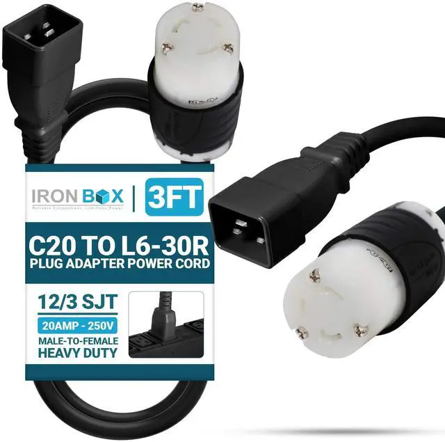 Main image of IronBox Electric IEC C20 to L6-30R Plug Adapter Power Cord - 20A, 250V, 12/3 SJT - UL Listed Power Supply - Heavy Duty Extension Cable for Data Centers, PDUs, Generator, Amplifier & More (3ft, Build)
