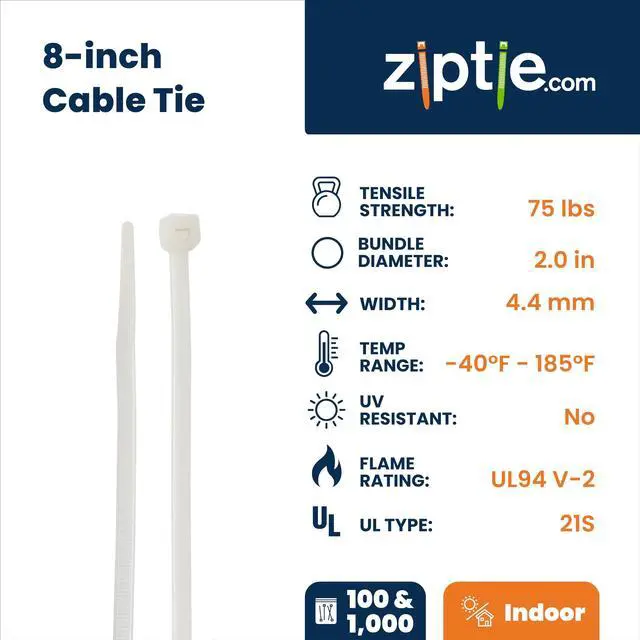 Alt view image 2 of 7 - 8-Inch Natural Multi-Purpose Zip Ties - 75-lb Tensile Strength Cord Management - UL 21S Listed Tie Wraps - Indoor Multi-Purpose (1000-Pack)