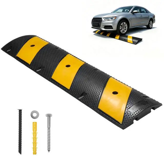 Main image of 4FT Rubber Speed Bump, Heavy Duty Speed Bump Cable Protector Ramp for Driveway, Road Parking, Garage, Parking Lot, Warehouse,48" x 11.8" x 1.77" (1, 4FT No End Cap)