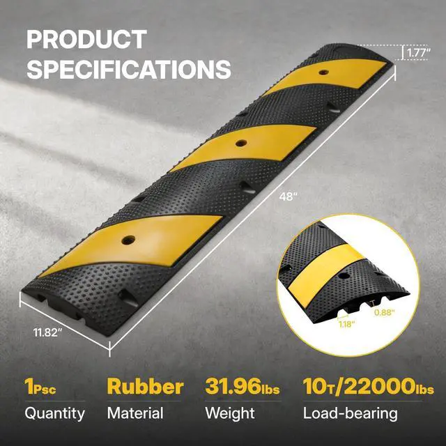 Alt view image 2 of 7 - 4FT Rubber Speed Bump, Heavy Duty Speed Bump Cable Protector Ramp for Driveway, Road Parking, Garage, Parking Lot, Warehouse,48" x 11.8" x 1.77" (1, 4FT No End Cap)