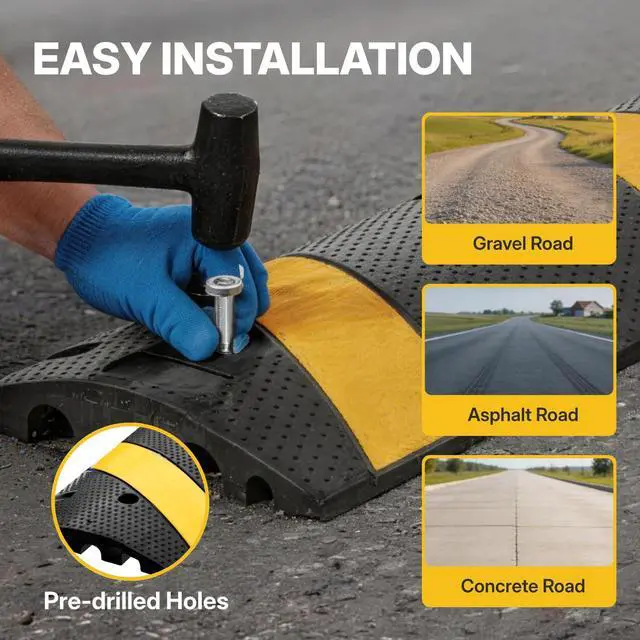 Alt view image 6 of 7 - 4FT Rubber Speed Bump, Heavy Duty Speed Bump Cable Protector Ramp for Driveway, Road Parking, Garage, Parking Lot, Warehouse,48" x 11.8" x 1.77" (1, 4FT No End Cap)