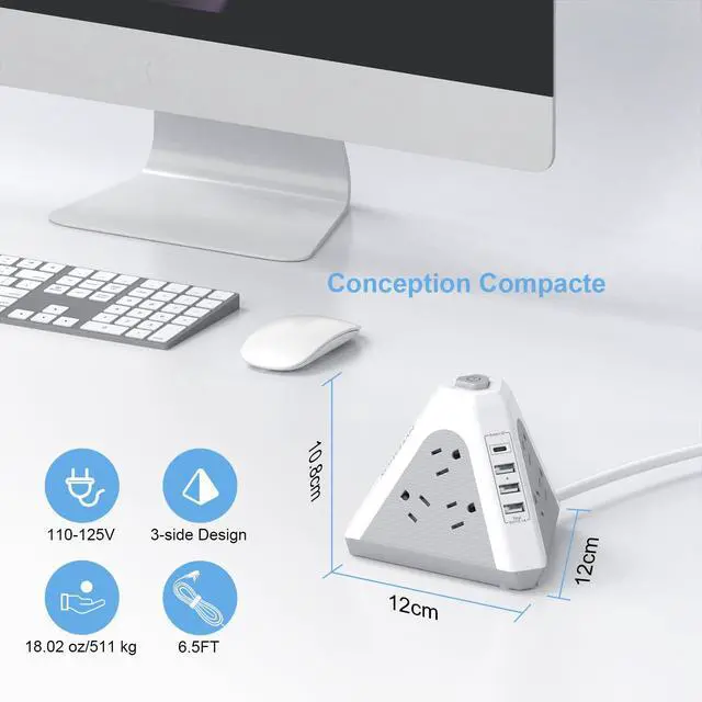 Alt view image 3 of 7 - Tower Surge Protector Power Strip, 9 AC Outlets with 4 USB Ports (1 USB C) 3-Side Triangle Outlets with USB Ports,6.5 Ft,Flat Plug, Charging Station with Surge Protection