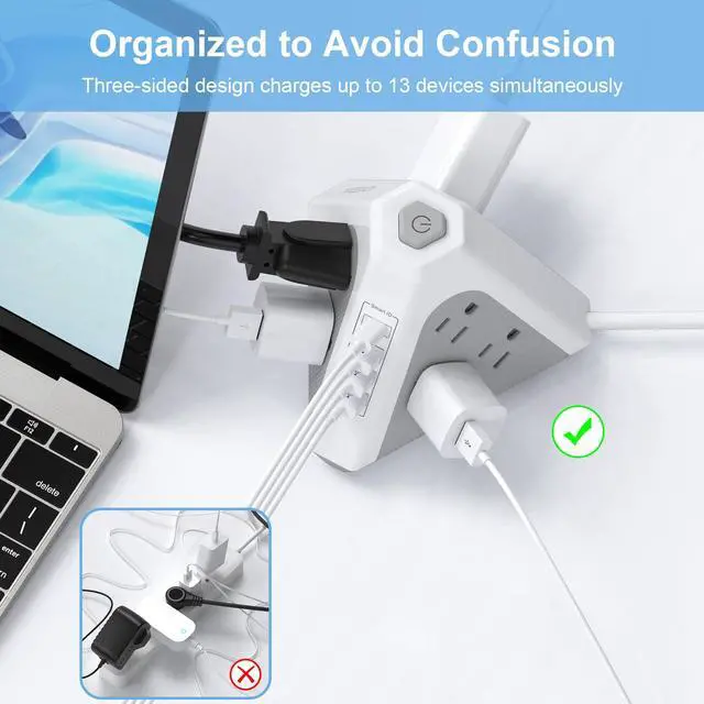 Alt view image 4 of 7 - Tower Surge Protector Power Strip, 9 AC Outlets with 4 USB Ports (1 USB C) 3-Side Triangle Outlets with USB Ports,6.5 Ft,Flat Plug, Charging Station with Surge Protection