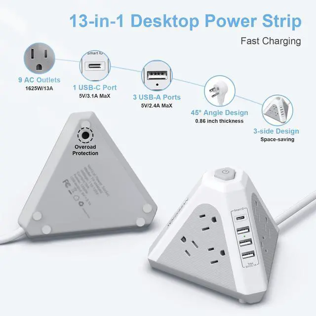Alt view image 5 of 7 - Tower Surge Protector Power Strip, 9 AC Outlets with 4 USB Ports (1 USB C) 3-Side Triangle Outlets with USB Ports,6.5 Ft,Flat Plug, Charging Station with Surge Protection