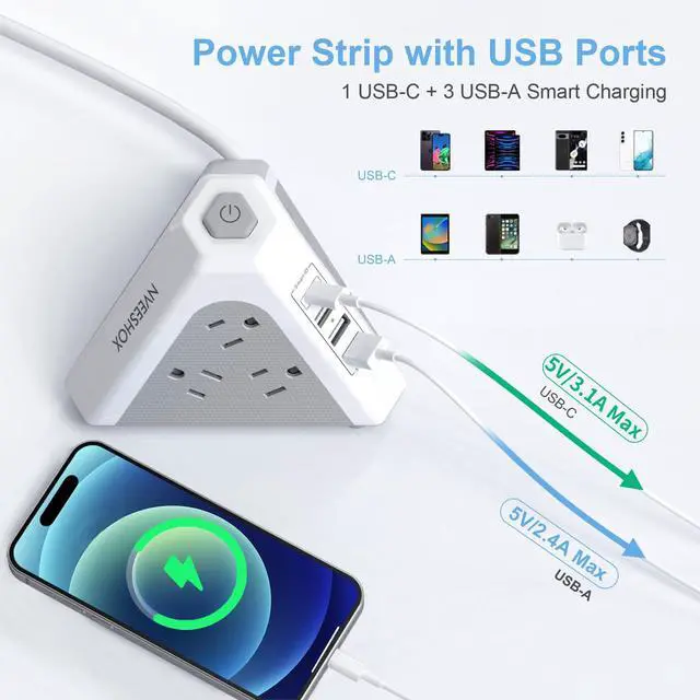 Alt view image 2 of 7 - Tower Surge Protector Power Strip, 9 AC Outlets with 4 USB Ports (1 USB C) 3-Side Triangle Outlets with USB Ports,6.5 Ft,Flat Plug, Charging Station with Surge Protection