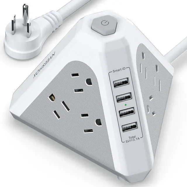 Main image of Power Strip Tower Surge Protector-9 Multiple Outlets 4 USB Charging Ports,3-Side Triangle Outlet Extender Strip with 6.5Ft Long Extension Cord, Flat Plug, Overload Protect for Office Traving