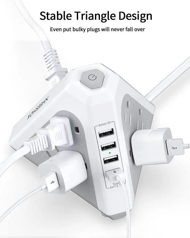 Alt view image 2 of 7 - Power Strip Tower Surge Protector-9 Multiple Outlets 4 USB Charging Ports,3-Side Triangle Outlet Extender Strip with 6.5Ft Long Extension Cord, Flat Plug, Overload Protect for Office Traving