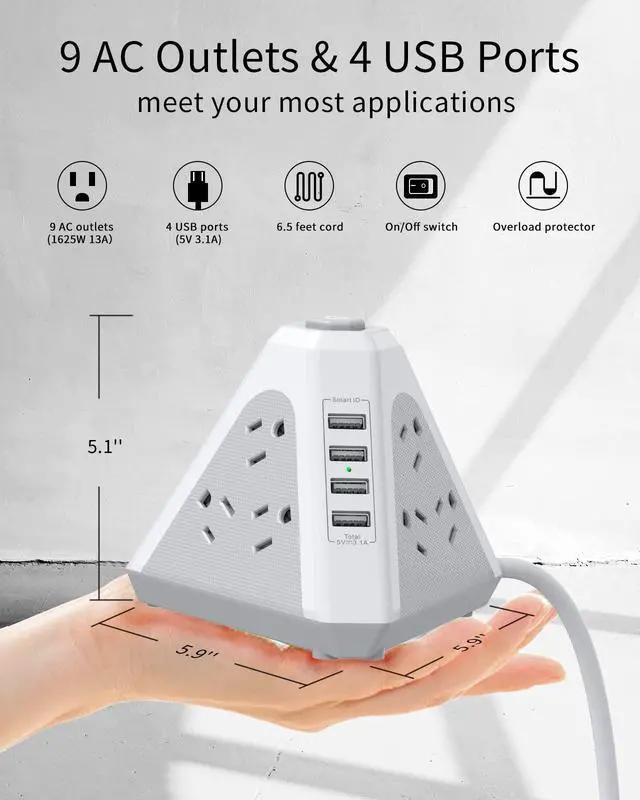 Alt view image 3 of 7 - Power Strip Tower Surge Protector-9 Multiple Outlets 4 USB Charging Ports,3-Side Triangle Outlet Extender Strip with 6.5Ft Long Extension Cord, Flat Plug, Overload Protect for Office Traving
