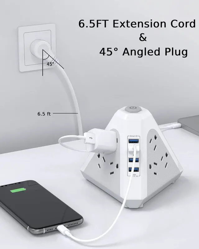 Alt view image 5 of 7 - Power Strip Tower Surge Protector-9 Multiple Outlets 4 USB Charging Ports,3-Side Triangle Outlet Extender Strip with 6.5Ft Long Extension Cord, Flat Plug, Overload Protect for Office Traving