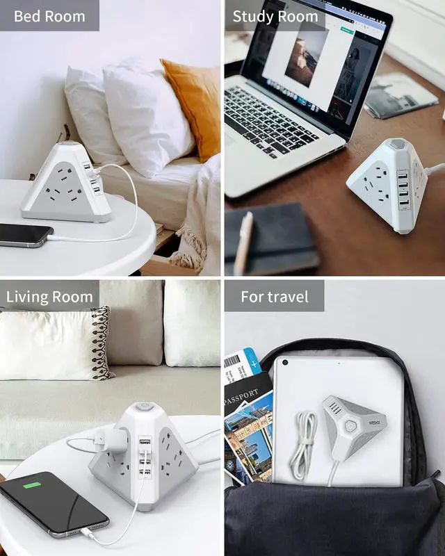 Alt view image 7 of 7 - Power Strip Tower Surge Protector-9 Multiple Outlets 4 USB Charging Ports,3-Side Triangle Outlet Extender Strip with 6.5Ft Long Extension Cord, Flat Plug, Overload Protect for Office Traving