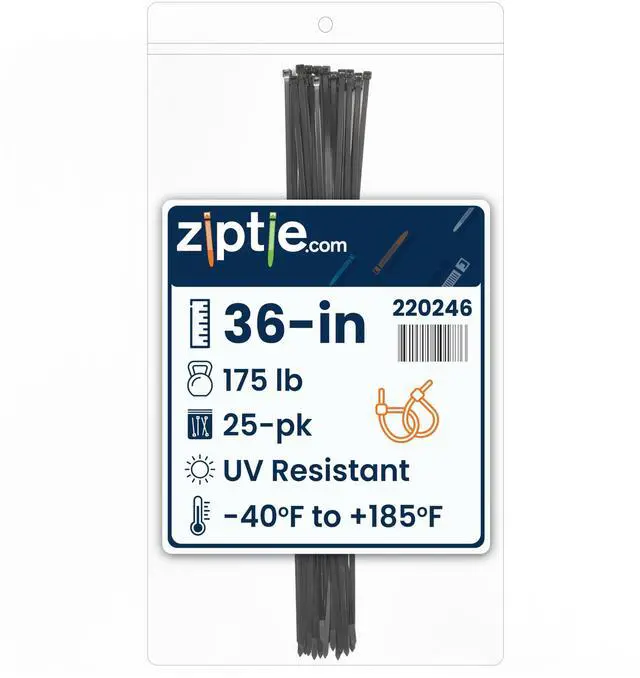 Main image of 36-inch UV Resistant Black Multi-Purpose Cable Tie, 175-lb Tensile Strength, UL 21S Listed, 25-Pack