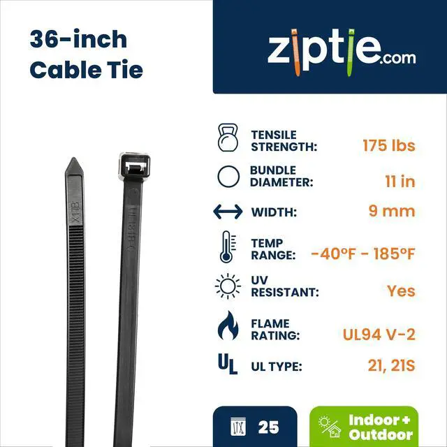 Alt view image 2 of 7 - 36-inch UV Resistant Black Multi-Purpose Cable Tie, 175-lb Tensile Strength, UL 21S Listed, 25-Pack
