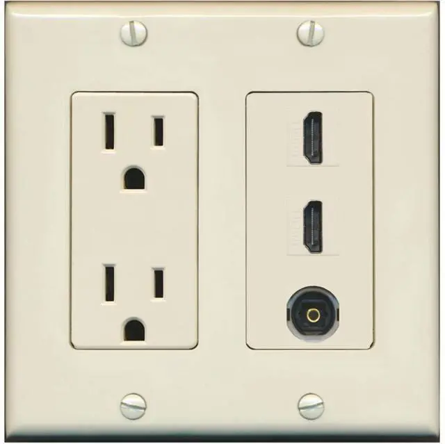 Main image of 15 Amp Power Outlet 2 Port HDMI 1 Port Toslink Decorative Wall Plate - Light Almond