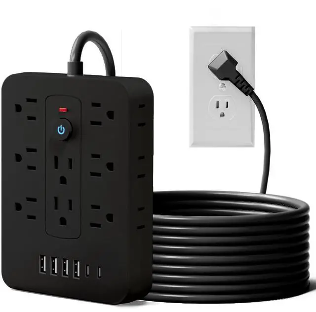 Main image of 20-in-1 Power Strip with Overload Protection, Short Cord,5FT and 10FT, Black/White Color Options, 14 Standard US Sockets, 4 USB Ports, 2 Type-C Ports (Black, 10FT)
